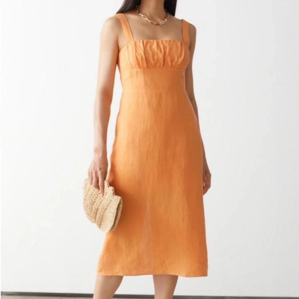 & OTHER STORIES 100% Linen Ruched Buttercup Yellow Strappy Summer Midi Sundress